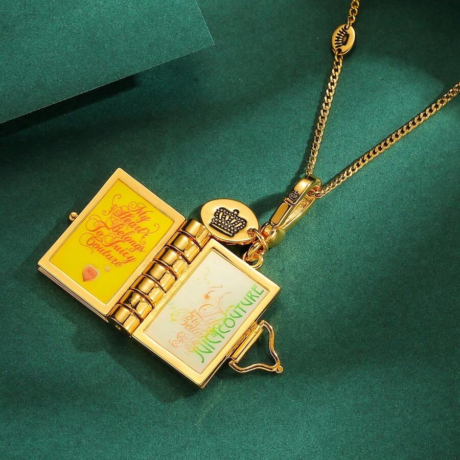 1pc Fashion Design Enamel Openable Letter Printed Book Pendant Necklace, Suitable For Women Everyday Wear