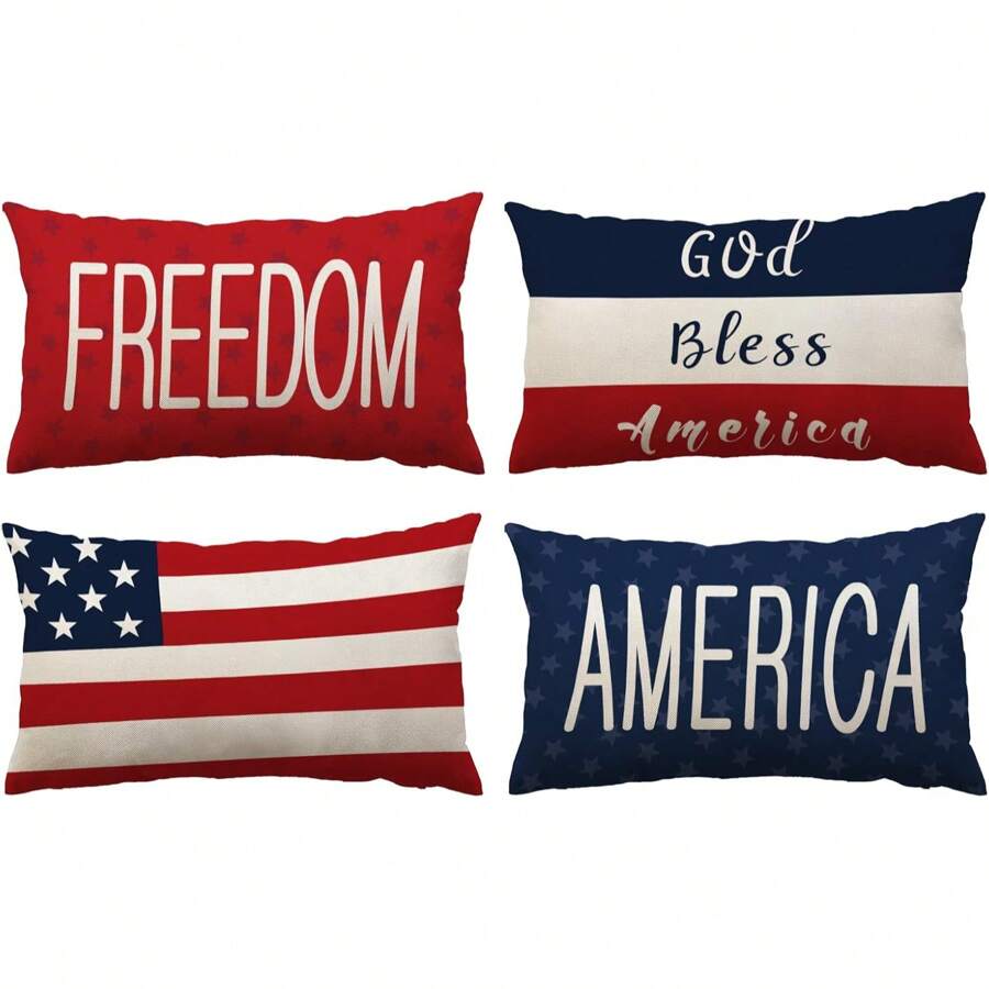 4-delige patriottische sierkussenhoes 12x20 4 juli Onafhankelijkheidsdag Amerikaanse vlag kussenhoes voor thuis en buitendecoratie, aan één kant bedrukt zonder kusseninzet