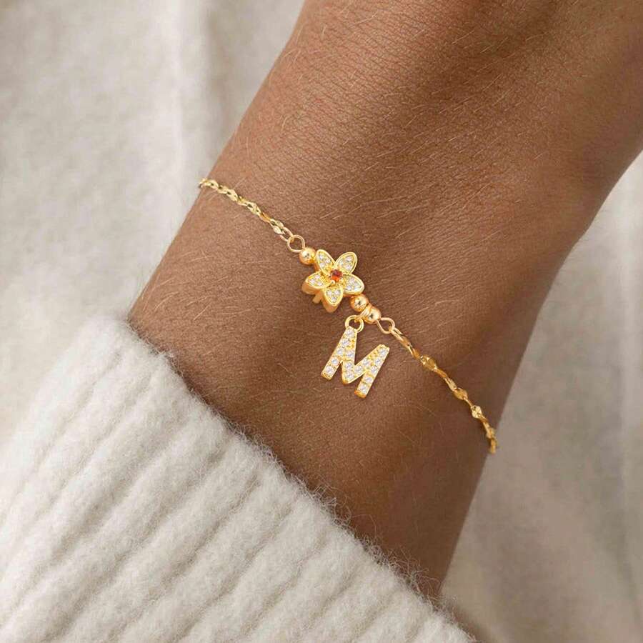 1pc New Fashion Gold Color Pave Zirconia Flower Initial Classic Stainless Steel Lip Chain Bracelet For Women