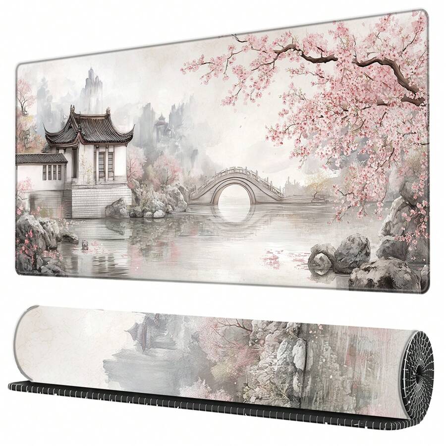 BHJLAXR Gaming Mouse Pad Blossom Cherry Flower Pink For Desk Keyboard Laptop Non-Slip Rubber Base Large XXL Mousepad With Stitched Edges Game Work Desktop Office Home 31.5 X 11.8 In