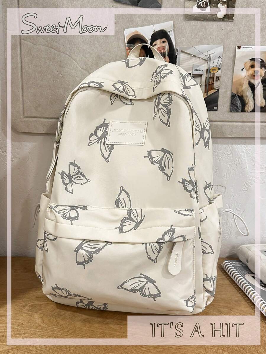 1pc White Nylon Casual Lightweight Butterfly Allover Print Large Capacity Foldable Water-Resistant Multipocket Zipper Backpack, Suitable For Teenagers, High School & College Students, Daily Commute, Travel, Graduation Gift