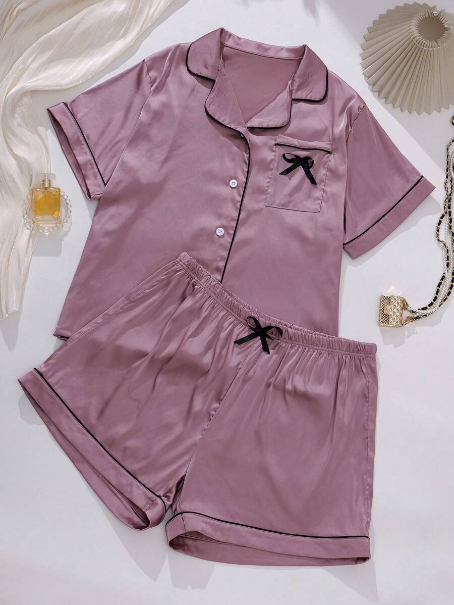 Conjunto de pijama de 2 piezas de mujer talla grande, con blusa de satén con bordado de lazo y manga corta, y pantalón corto, ropa de descanso casual para el verano y vacaciones