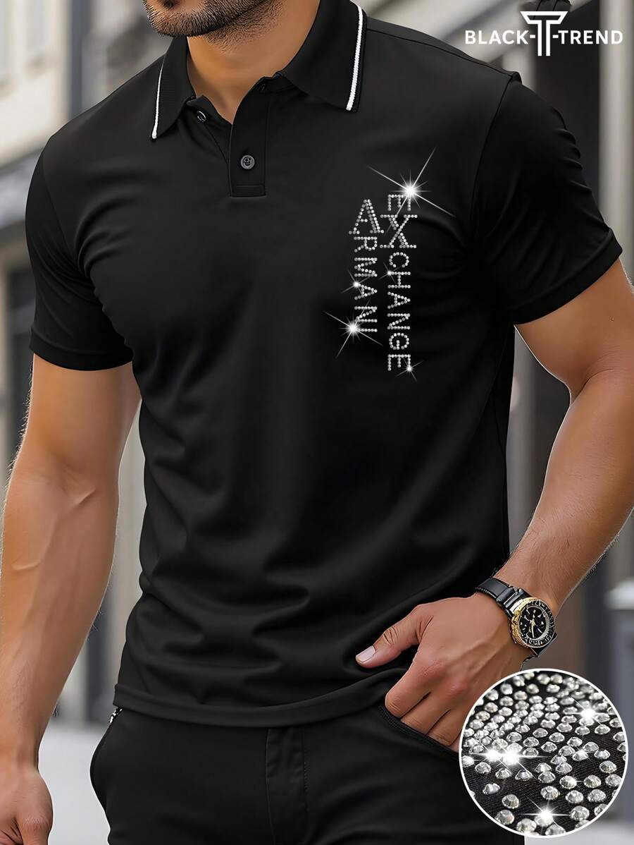 Men's Letter Pattern Basic Lapel Front Button Short Sleeve Retro Casual Rhinestones Bling Polo Shirt, Casual Daily Wear, Suitable For Husband To Go Out, With Casual Pants, Suitable For Travel/Vacation/Outdoor Camping/Sports