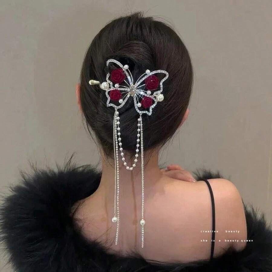 New Vintage Female Butterfly Pearl Tassel Hair Claw Rhinestone Clip Korean Simple Shark Ponytail Crab Clip Girls Hair Accessorie