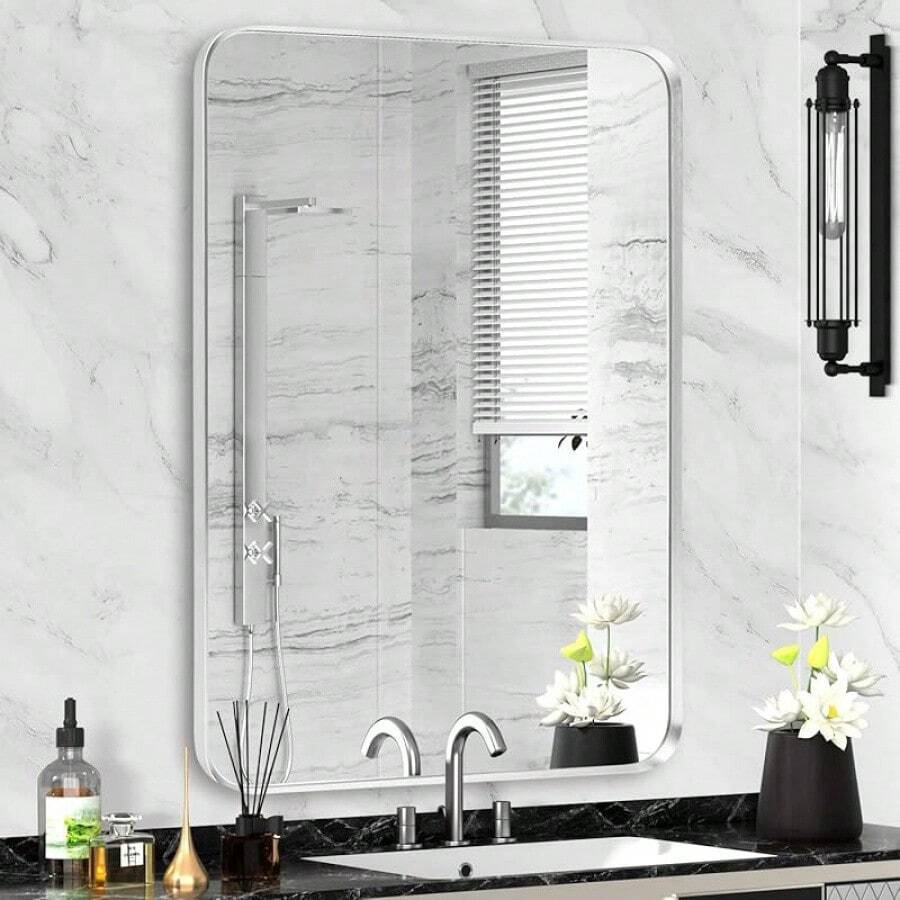 **22"X30" Brushed Nickel Frame Bathroom Mirror - Rectangular Wall Mirror With Rounded Corners, Tempered Glass, Shatter-Resistant, Rust-Proof - Suitable For Horizontal Or Vertical Hanging - Silver** Home Bathroom Decor
