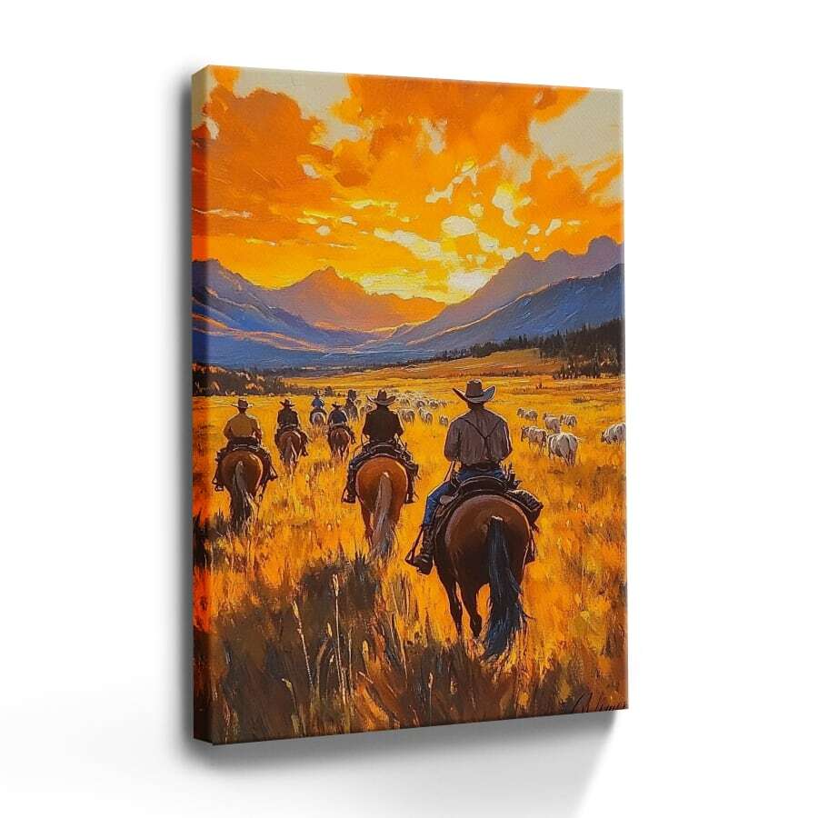 1pc Western Wall Art Framed Canvas Wall Art Poster Neutral People Riding Horses In A Field Wall Art For Living Room Bedroom Bathroom Kitchen Apartment Hotel, Artful Home Decoration - Framed, Vertical