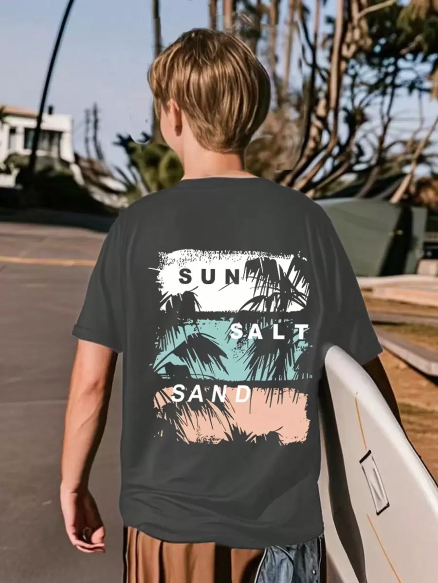 Camiseta de manga corta con cuello redondo y estampado gráfico divertido informal para niño preadolescente, top de verano