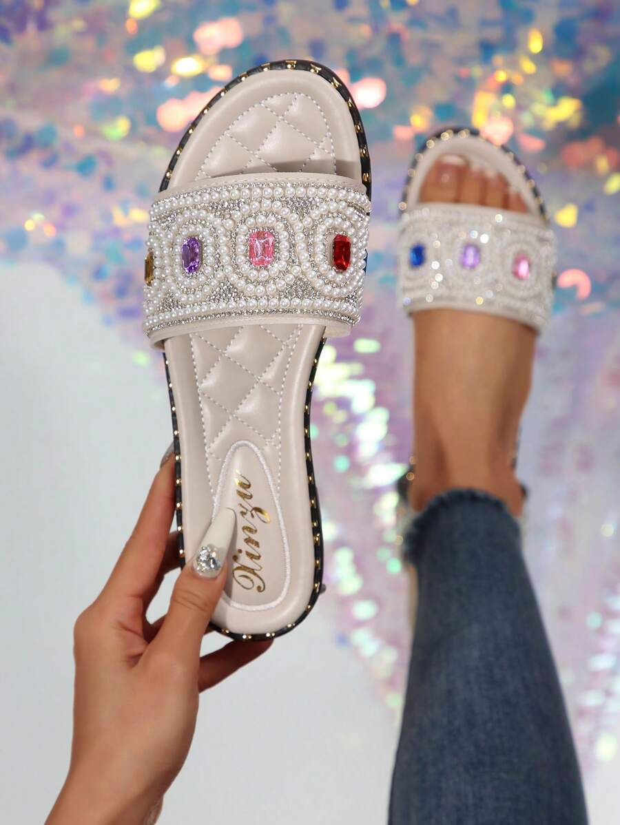 Women's Fashion Slip-On Slippers, 2025 New European & American Style, French & Korean Casual Versatile Sandals, Pearls & Rhinestone Decor, Comfortable Flat Vacation Beach Shoes