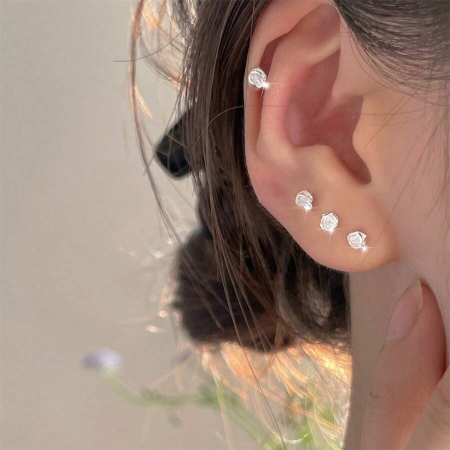 Mini Sparkling Rose Flower Rhinestone Earrings, Copper Alloy No Nickel Plating Jewelry, Hypoallergenic Small Studs, Sexy Minimalist Style, Comfortable Ear Post For Sleeping, Perfect For Daily Wear, No Need To Remove When Sleeping