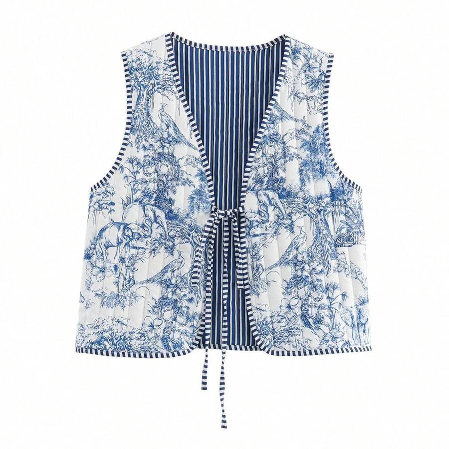 ZEVITY Flower Pattern Tie-Front Tank Top & Lightweight Vest