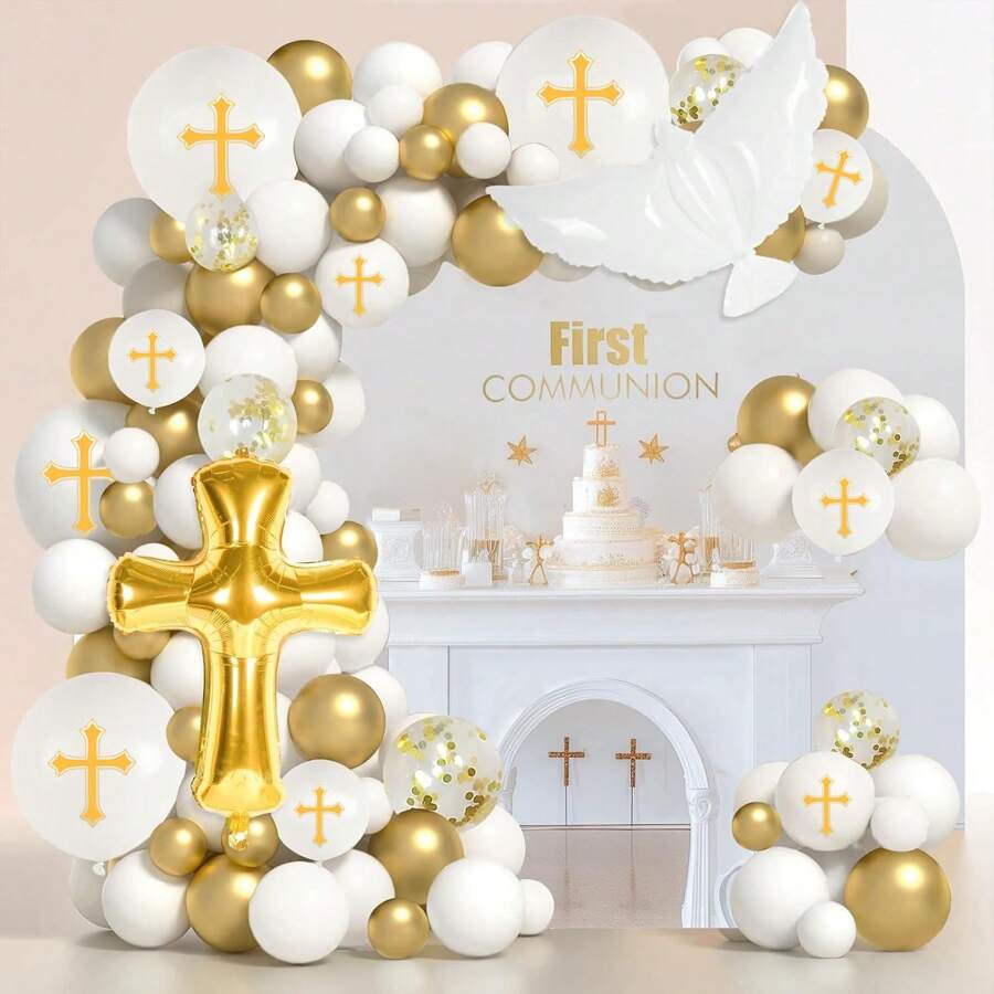 135pcs First Decorations Balloons Set, God Bless White Gold Baptism Balloons Arch For First Holy Decorations Christening Baptism Party Supplies