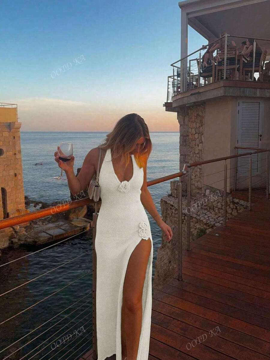 Abito lungo da donna in stile resort, scollo a V, senza spalline, sexy, in tulle lavorato a maglia, schiena scoperta, senza maniche, lunghezza piano, in raso, abito da sera lungo, con spalline sottili, a fiori, monopezzi, abbigliamento da spiaggia, lungo copri-costume estivo, spacco laterale, elegante, scollo da cocktail, abito da matrimonio