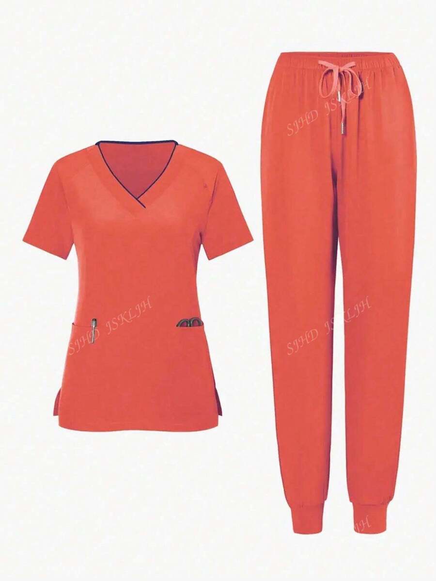 Ensemble uniforme pour femmes, Top à manches courtes col en V de couleur unie et pantalon, ensemble de blouse minimaliste et pour l'été