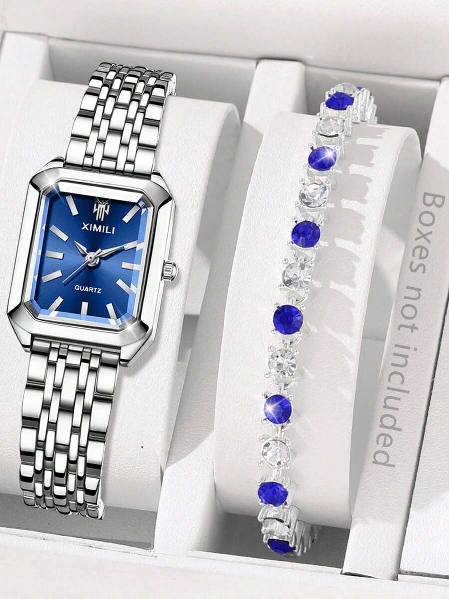 2Pcs Women's Silver Alloy Strap Fashion Casual Simple Bar Scale Blue Dial Quartz Watch Bracelet Set For Daily Wear Or Holiday Gifts