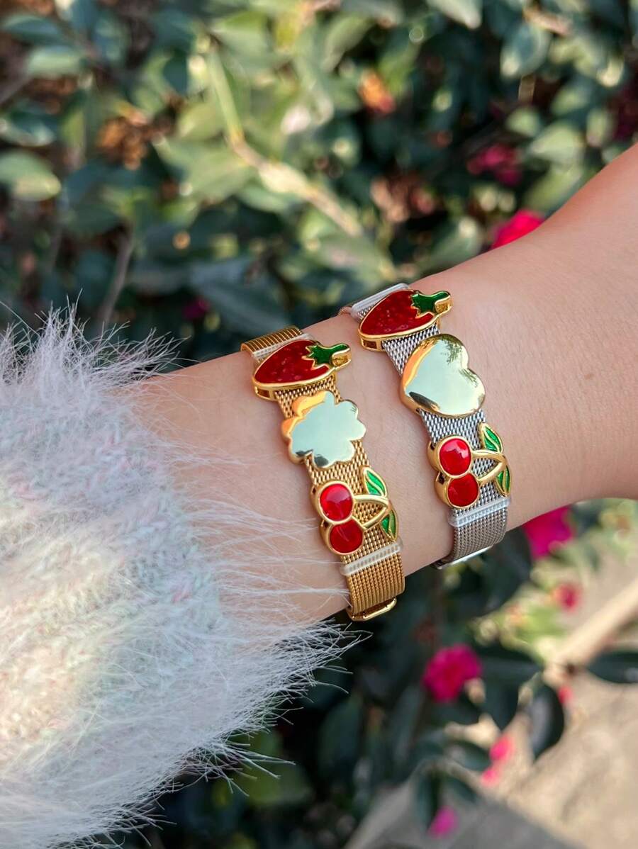 1pc Fashion Elegant Stainless Steel Watch Strap With Cherry, Strawberry, Heart Accessories String Bracelet, Suitable For Women's Daily And Party Wear