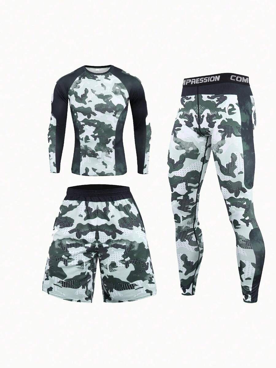 3pcs Outdoor Sports Fitness Running Quick Dry Breathable Workout Basketball Cycling Camo Pattern Milk Silk Close-Fitting Morning Running Suit For Spring And Summer Workout Sets