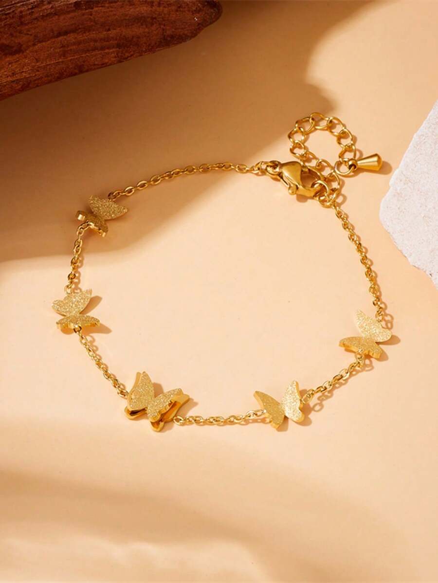 1pc Gold-Plated Stainless Steel Chain With Butterfly Charm Bracelet