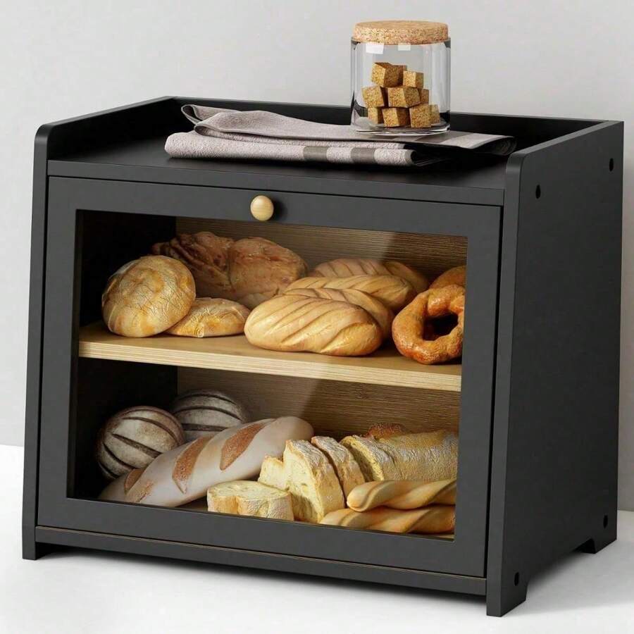 Black Wood Farmhouse Bread Box For Kitchen Countertop - Large Bread Storage Container - For Homemade Bread, Kitchen Counter Corner, Cabinet, Pantry, Cupboard