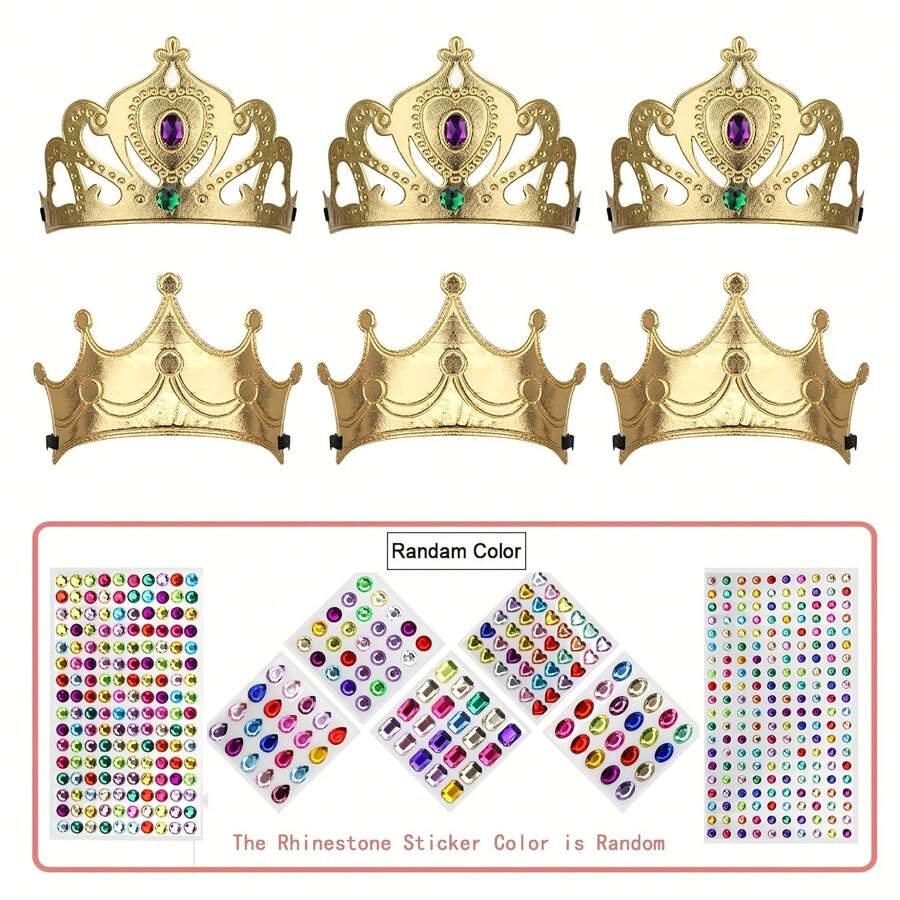 13 Pcs Exquisite Gold Crowns Set,Foam Crowns Set,Princess Crowns,6 DIY Party Gold Crowns And 7 Sheets Colorful Rhinestone Sticker,Make Your Crowns With Rhinestone Sticker,Birthday Party Supplies,Suitable For Halloween,Christmas,Birthday Decorations