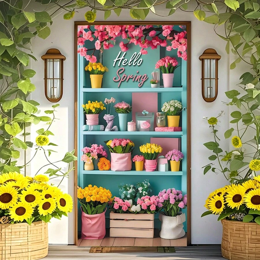 1pc "Hello Spring" Floral Doorway Banner - 70x35 Inch Vibrant Polyester, Easter And Spring Decor, With Colorful Floral Shop Background, Durable And Bright, Suitable For Porch, Garden, Seasonal Home Wall Photo Booth Outdoor Hanging Decor, Sunflower Decor