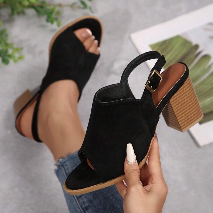 Women's Black Chunky Heel Square Toe Strap Fishmouth Platform Sandals, Versatile And Height-Increasing