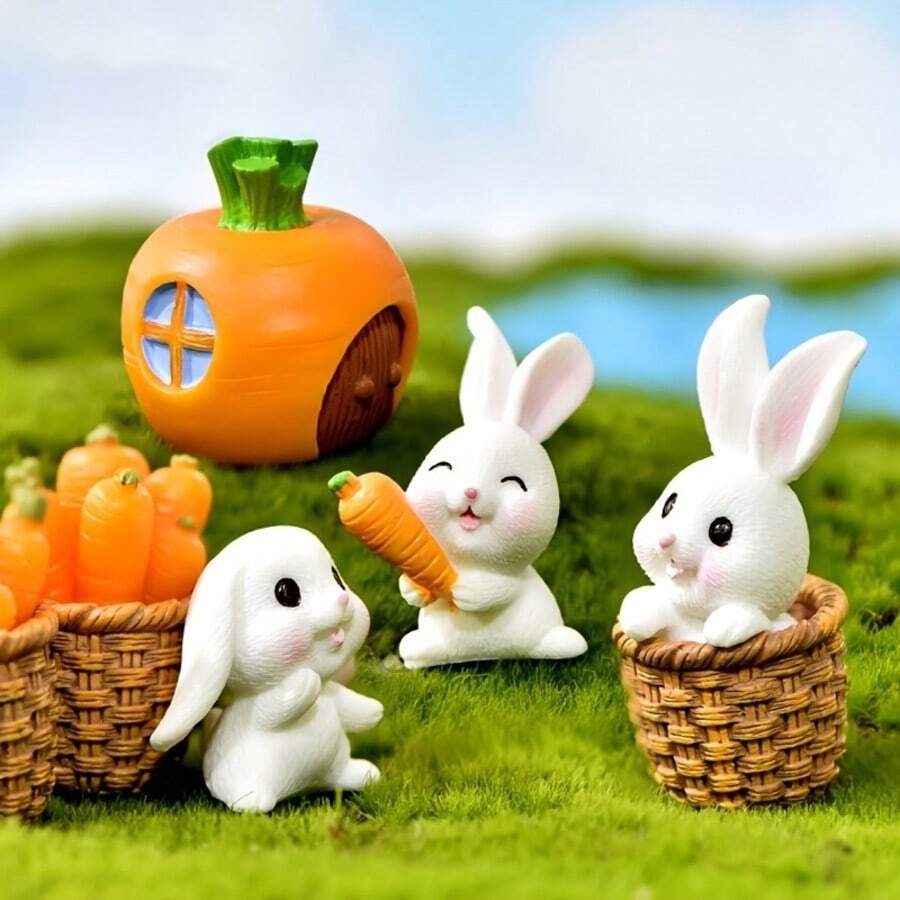 4pcs Micro Landscape Cartoon Cute Animal Rabbit, Carrot, Rabbit Basket, Small House Resin Accessories - Desktop Decor, Easter Decorations, Party Decor