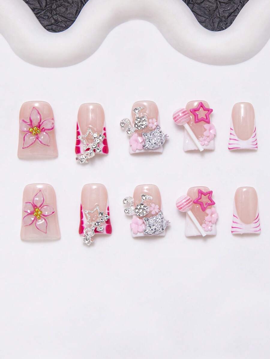 10 Pieces Set - Y2K Handmade Duckbill Nail Patch, Pink Nails, White, Nude Color, With French Patch, 3D Water Droplet, 3D Lace, Hard Seal Layer, Spray Gun, Powder Coating, Blending, Carving, Golden Steel Ball, Pendant Pentagram, Pink Flower, Swan, White Cat Head, Pink Lollipop, Suitable For Mother's Day, Gatherings, Daily Wear. Including Nail Tools. The Color Of Nail Accessories Is Random