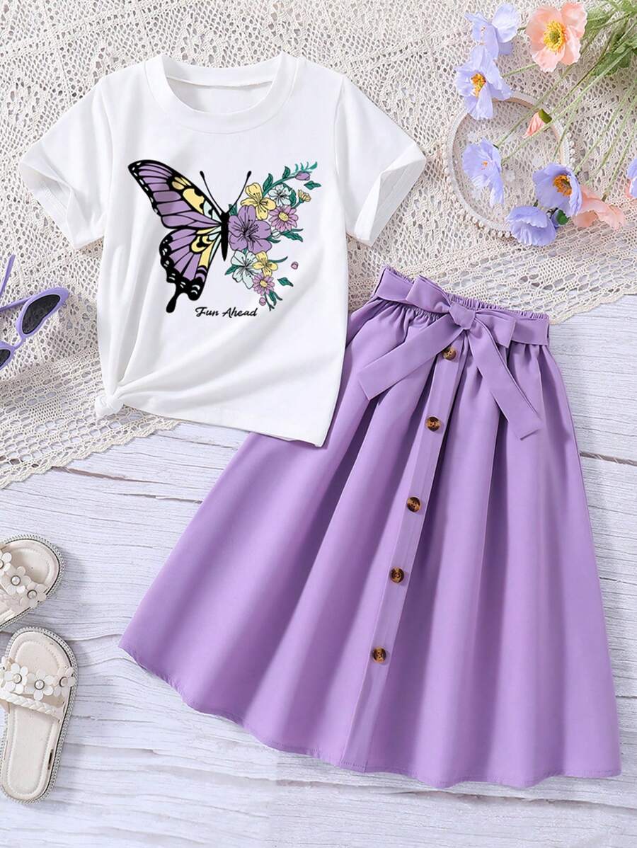 2pcs/Set Tween Girls Butterfly Print Short Sleeve Top And Skirt