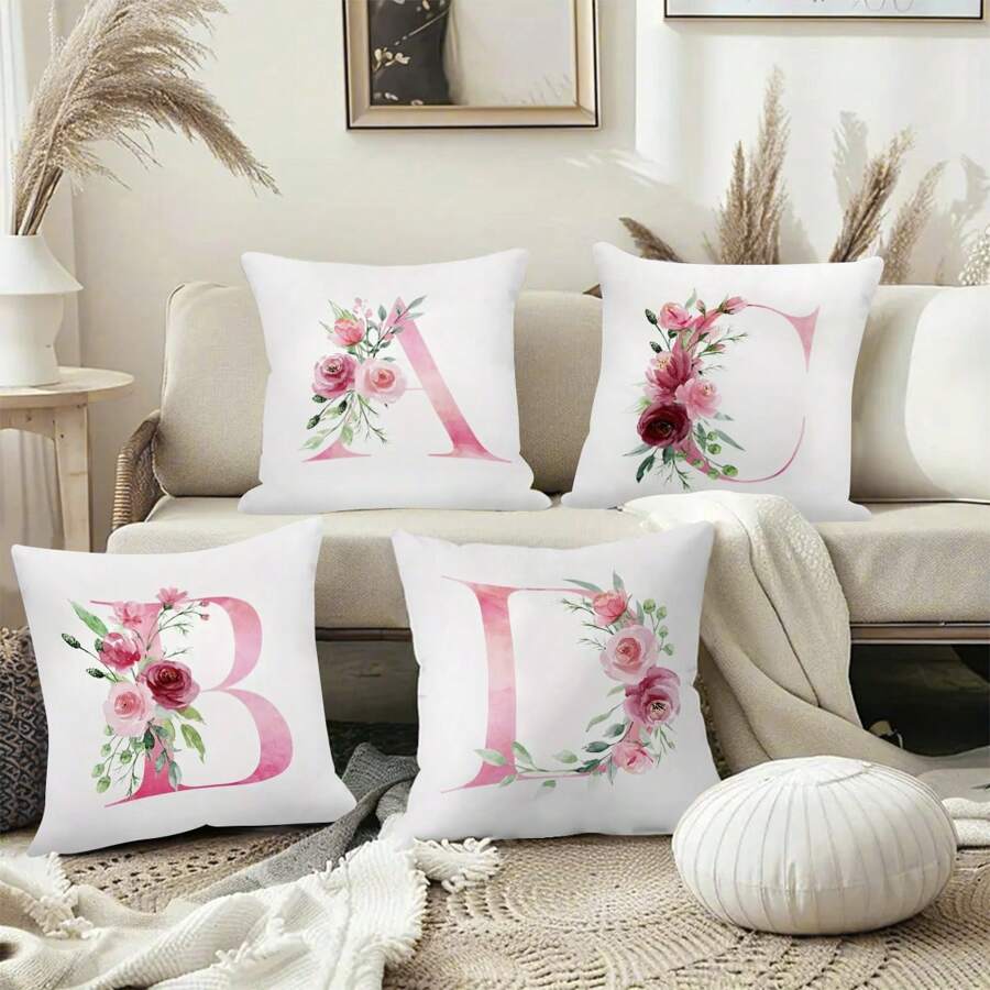 1pc Alphabet Floral Pillow Cover - A To Z English Letters Pink Print, 18x18 Inches - Contemporary Throw Pillow Case For Sofa, Living Room, Bedroom Decor - Single-Sided Printing, No Insert - For Home Decor Enthusiasts