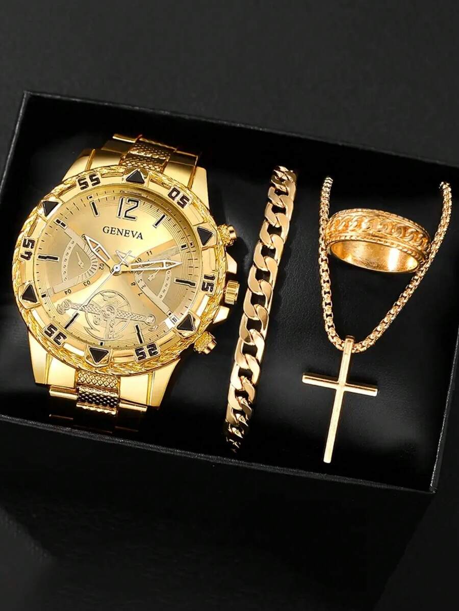 4-Piece Luxury Gift Set For Men: Stainless Steel Quartz Watch With Precise Analog Display, Cross Pendant Necklace, Bracelet And Ring, Perfect For Business, Casual And Sports Occasions - Ideal Gift For Him