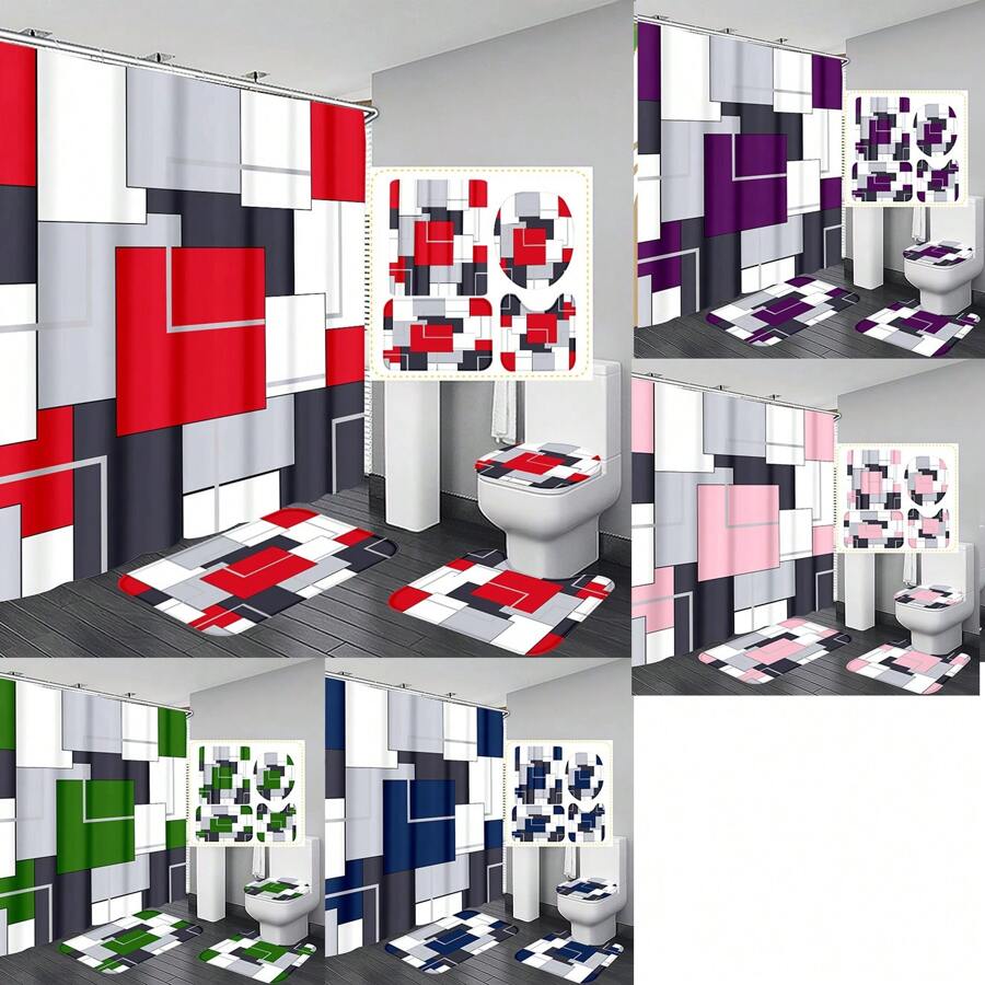 1pc/4pcs Bohemian Marble Block Geometric Shower Curtain Set, Vintage Elegant Marble Block Print Shower Curtain, Creating Unique Bathroom Decor. Waterproof Shower Curtain With 12 Hooks, Bath Mat, Toilet U-Shaped Pad, Toilet Lid Cover, Bathroom Partition, Bathroom Accessories, Bathroom Decoration