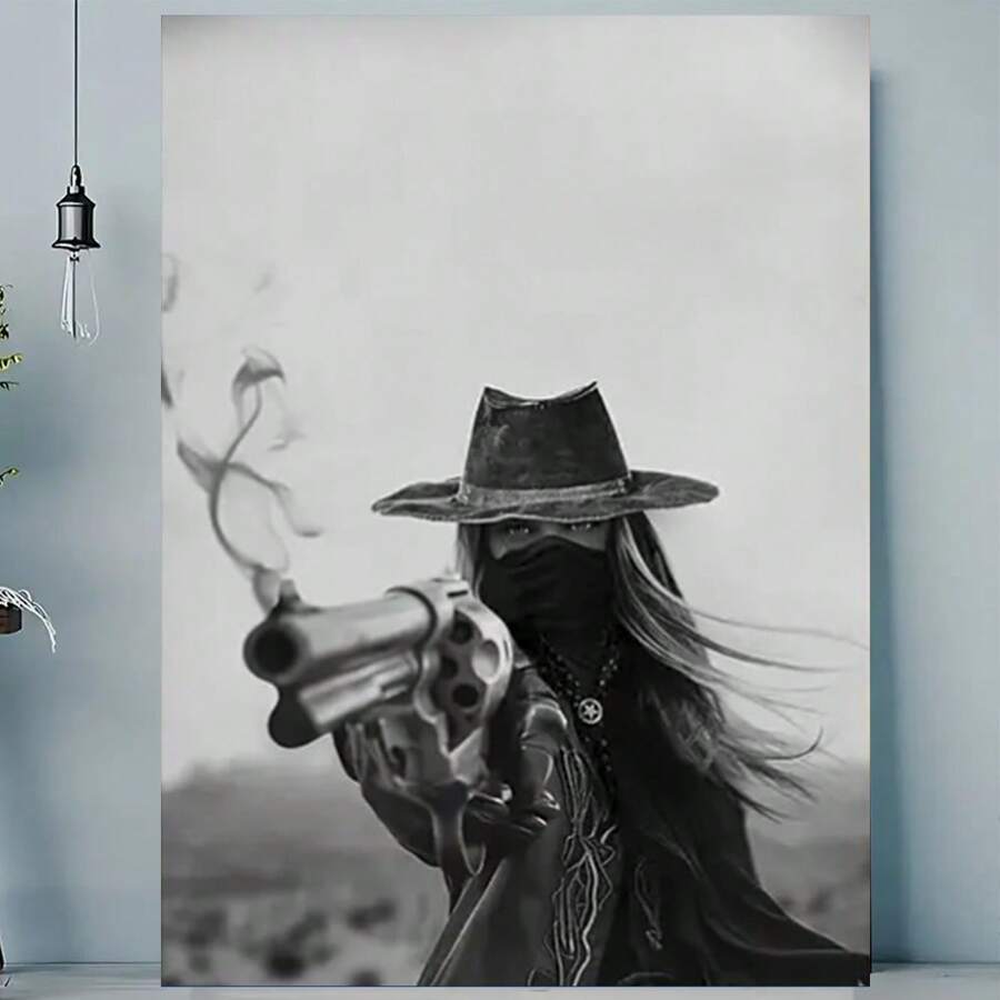 Framed 1pc Western Cowgirl With Six-Shooter Revolver, Wild West Frontier, Vintage Western Style, Bar Decor, American Theme, Farmhouse Art Poster, Fun Canvas Wall Art For Home, Bedroom, Kitchen, Living Room, Bathroom, Hotel, Cafe, Office Decoration