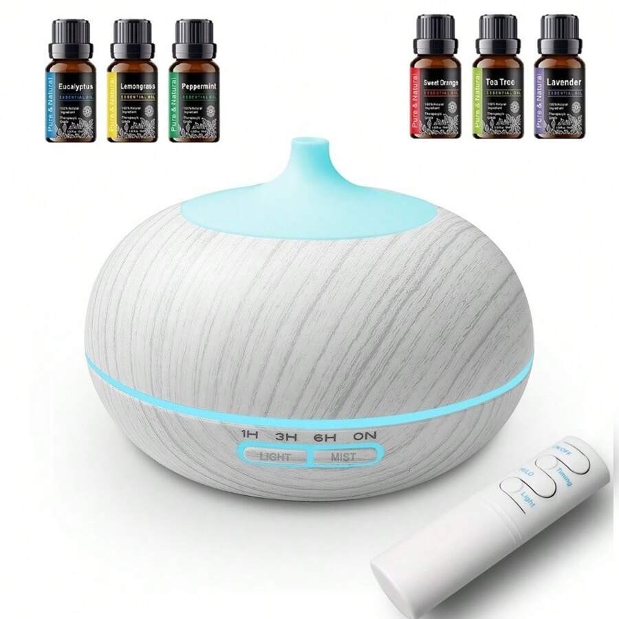 6 Oils + Diffuser Bundle 550ml Wood Texture Essential Oil Diffuser With Remote, 7-Color Mood Lig