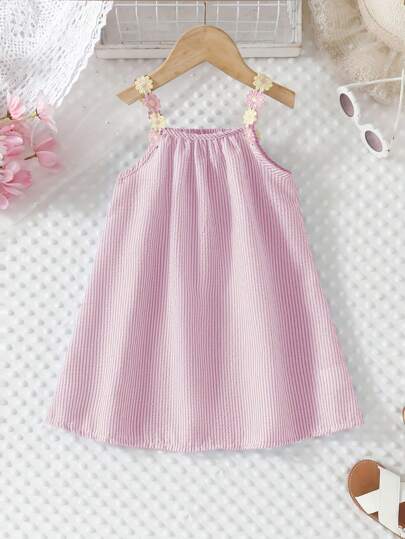Young Girl's Floral Strap Casual Loose A-Line Striped Dress, Suitable For Holiday & Beach, Summer