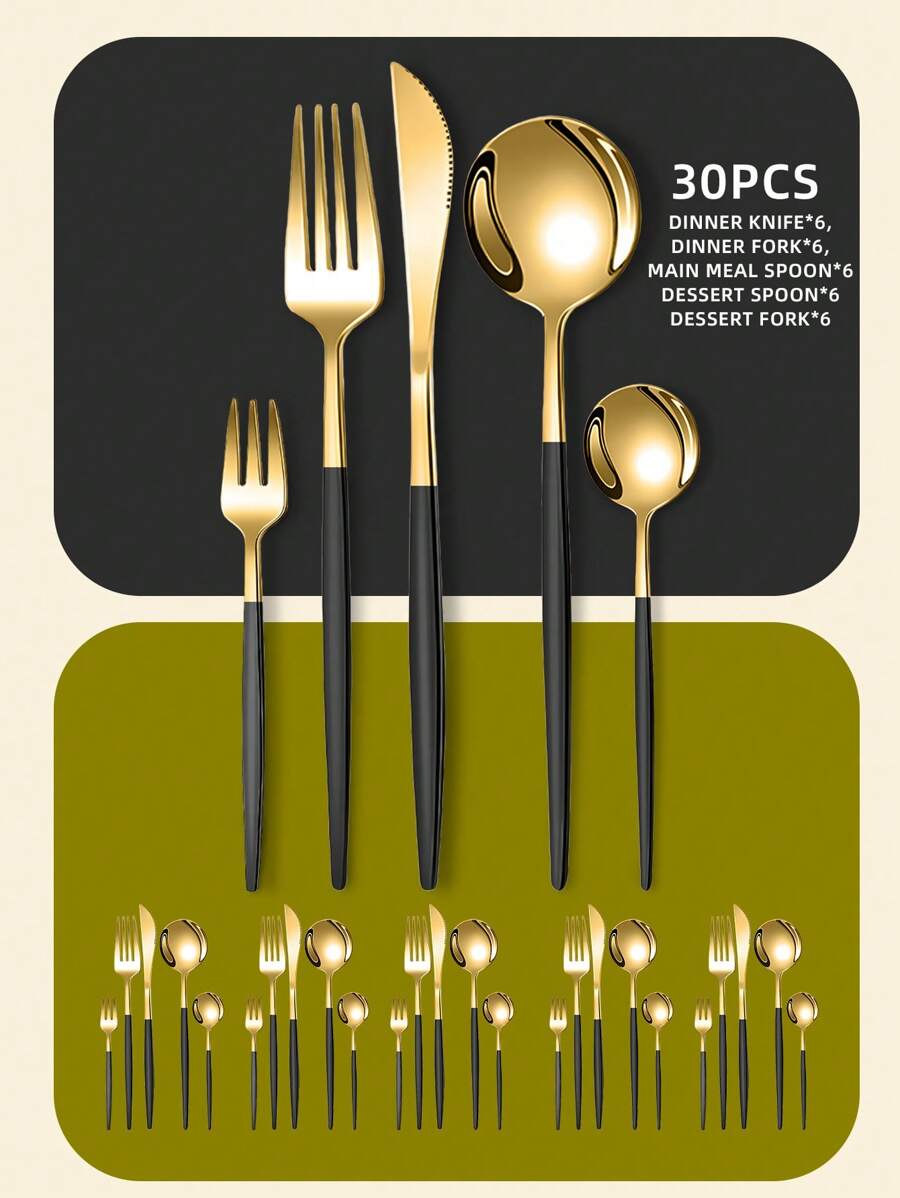 Elegant Stainless Steel Tableware Set, 5/20/30pcs - Western Cutlery Set Includes Dining Knives, Table Forks, Dining Spoons, Teaspoons, Dessert Forks, Forks For Salad/Appetizers/Dessert, And Mini Spoons For Coffee/Tea/Dessert/Cake/Stirring/Fruit/Ice Cream, Perfect For Restaurant, Hotel, Wedding, Festival Gifts, Kitchen, Christmas Gift - Dishwasher Friendly, Kitchen Supplies,School Supplies