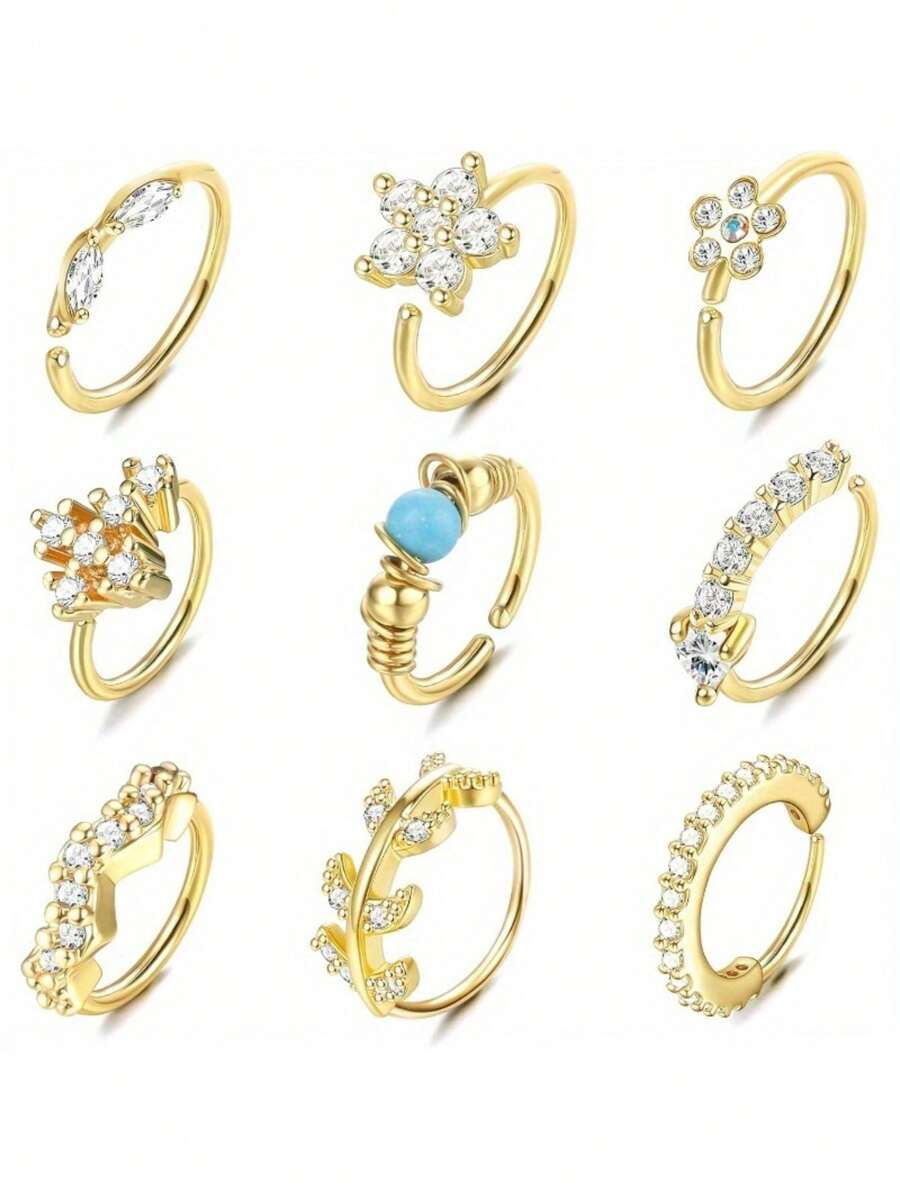 IRONBOX 9Pcs Stainless Steel Nose Ring Hoop Stud Paved CZ Leaf Flower Crawler Nose Ear Cartilage For Women Nose Ear Piercing Hoop