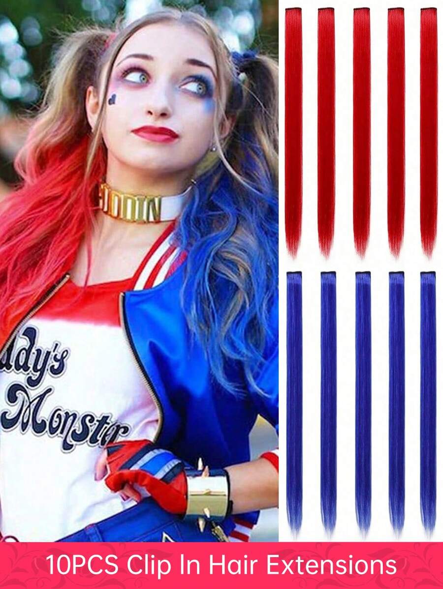 5pcs Red 5pcs Blue Colorful Clip-In Hair Extensions For Women - Perfect For Daily Wear, Parties, Costumes, And Cosplay Halloween- Straight Hair Pieces In Highlight Shades - Y2K Style, Girls Princess Party Highlight Colorful Straight Hair Extensions Clip-In Costumes Hairpiece For Girls 22inch