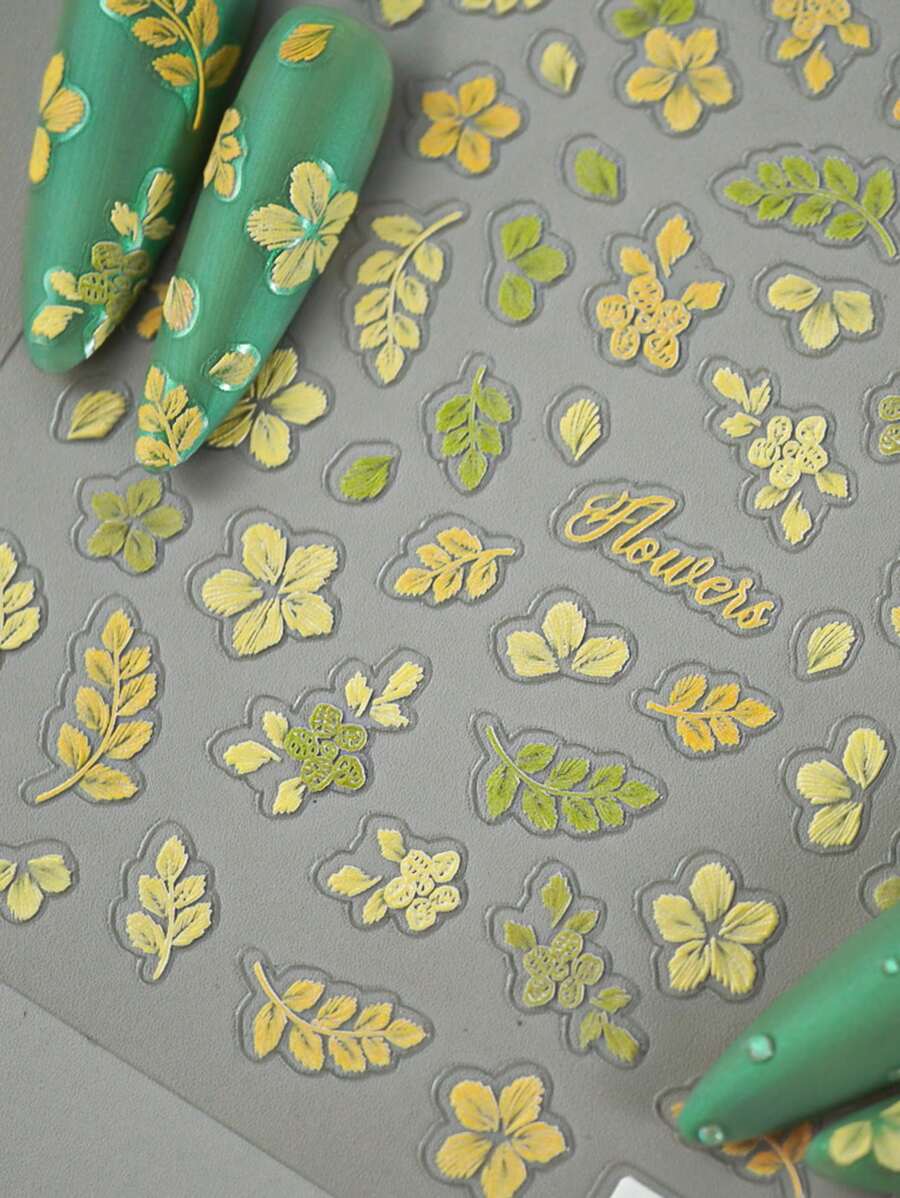 Yellow Textured Flower Print Embossed Nail Stickers, Nail Decorations, Scrapbooking Stickers, Nail Art
