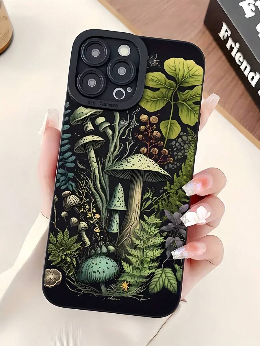 1pc Black Mushroom World Pattern Full Cover Phone Case, Compatible With Apple IPhone 16, 15, 14, 13, 12, 11 Pro Max, Also Fit For Series