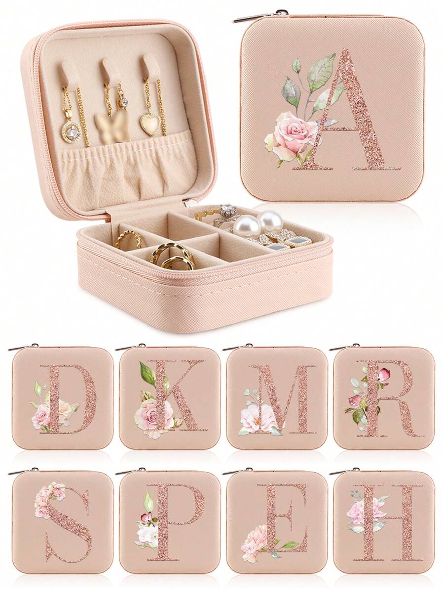 1pc Caixa de joias rosa com flores rosas, caixa de joias de viagem da moda com letras de ouro rosa, caixa de joias de viagem de presente personalizada, presentes de aniversário para mulheres, presentes de Natal para meninas adolescentes, iniciais, caixa de joias de viagem A-Z