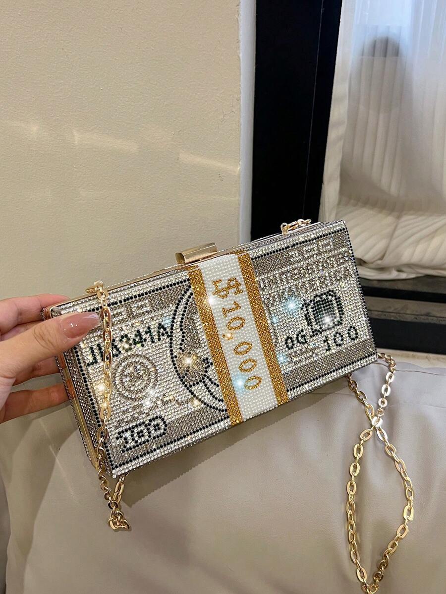 New Personalized Creative Dollar Rhinestone Handbag Evening Bag Rhinestone Small Bag Female Cross-Body Chain Bag Party Bag Super Hot Ins Stylish Small Handbag Shoulder Bag Lipstick
