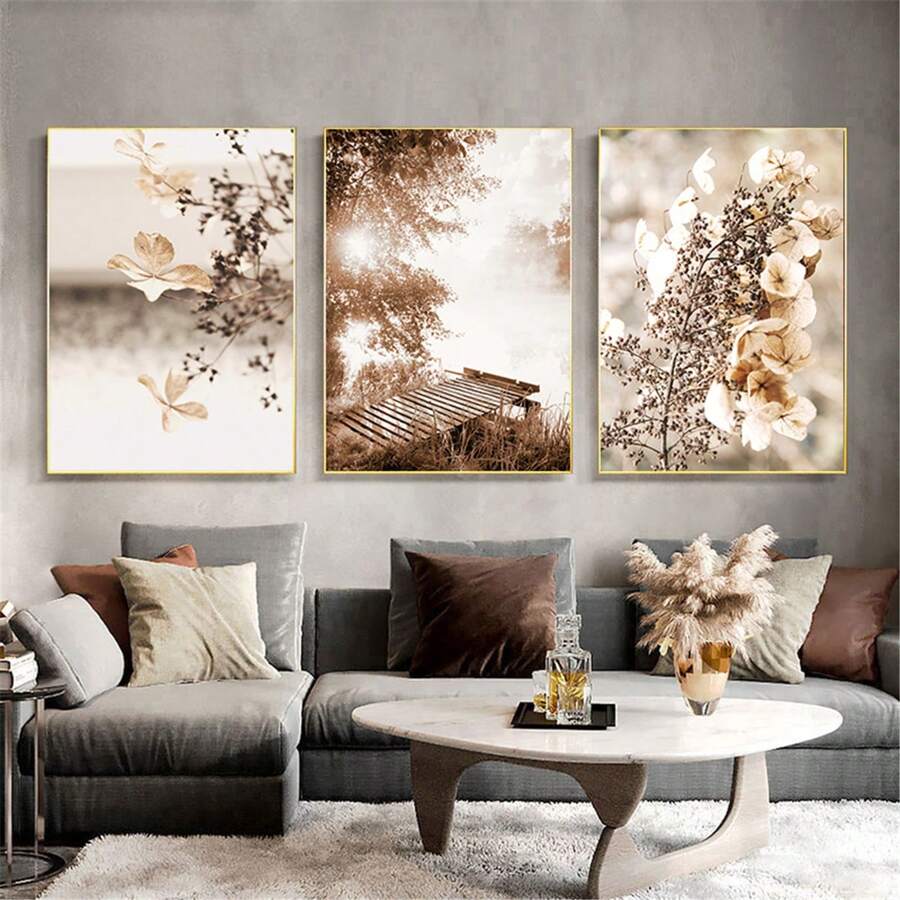 Set di 3 quadri decorativi, foresta autunnale nebbiosa moderna, paesaggio di lago e fiori selvatici, stile minimalista per decorazione della casa, parete di soggiorno e camera da letto, cartellone senza cornice su tela
