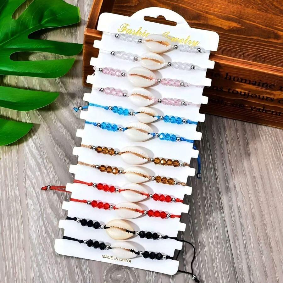 12pcs Boho Style Beaded Bracelet Set, Colorful Handmade Braided Anklet With Shell Pendant, Fashionable Jewelry Beach Accessories For Women, Multifunctional For Daily Wear, Ideal Gift For Bridesmaids, Female, Teacher, Mother, Graduation Or Mother's Day