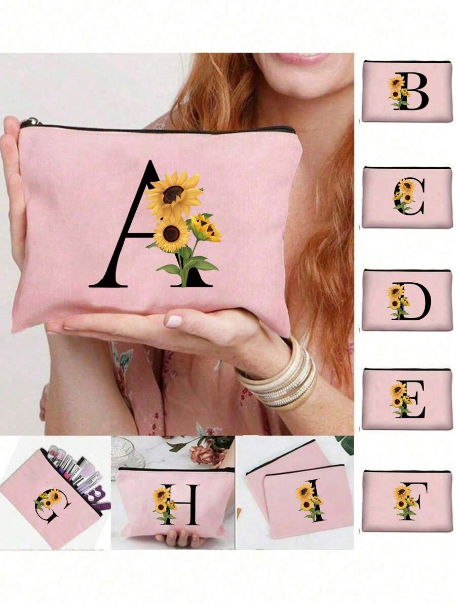 Flower Canvas Toiletry Bag, Cosmetic Bag, Makeup Bags, Wallet Name Initials A-Z Letter Pattern Toiletry Organizer Pouch Wash Bag, Lightweight, Foldable Cosmetic Pouch With Zipper | Easy-Clean, Versatile Makeup Case For Travel & Holiday Gifts Makeup Organizer Makeup Storage Bag Mini Pouch Travel Small Makeup Case Accessories Make Up Holder Brush Bag Make Up Container Cosmetic Bag Travel Essentials Ladies Accessoires Travelling Stuff