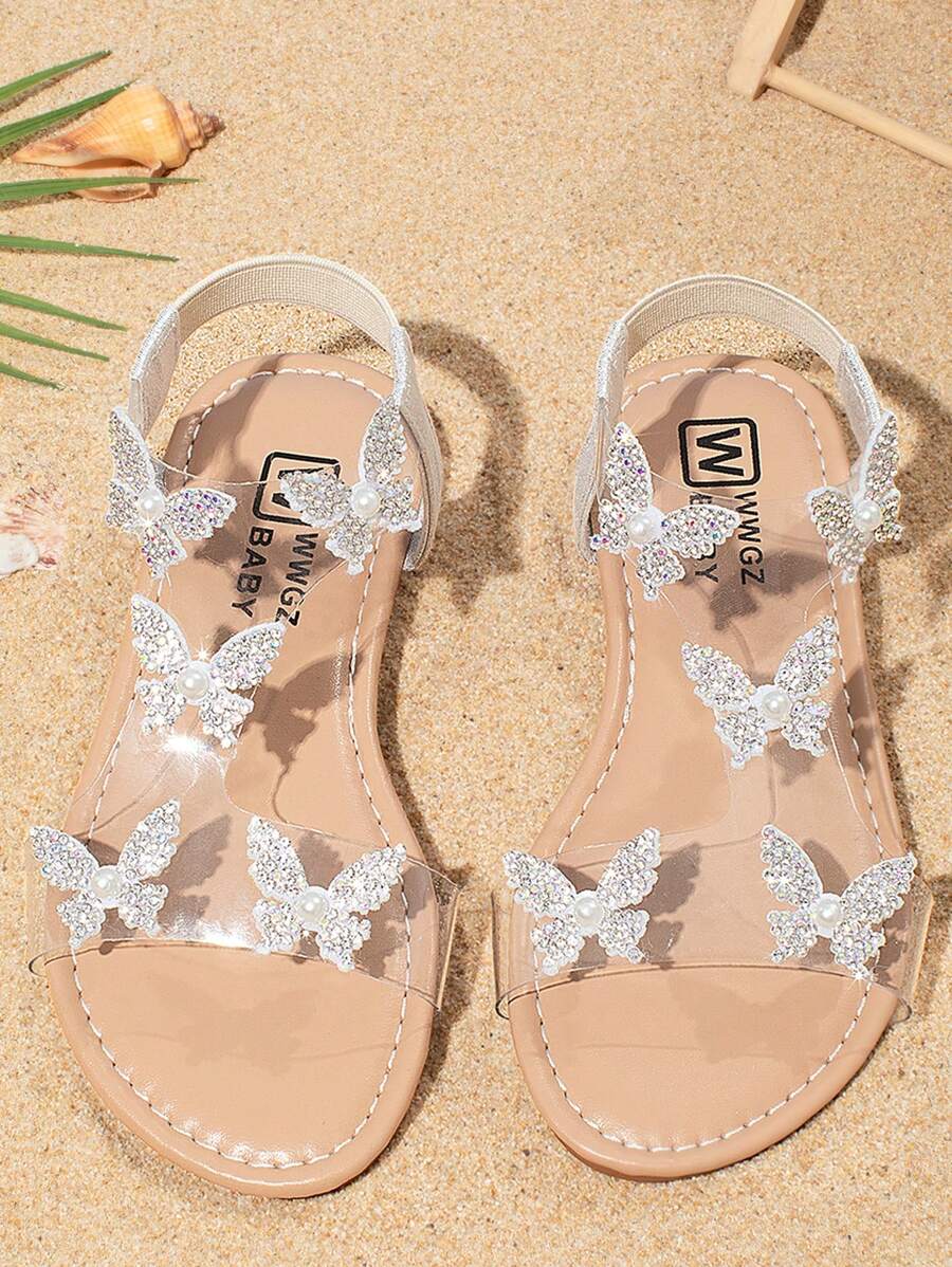 Girls Sandals For Summer, Butterfly Decor, Round Toe Flat Exposed Toe Princess Roman Shoes, Suitable For Outdoor, Shopping, Beach Travel