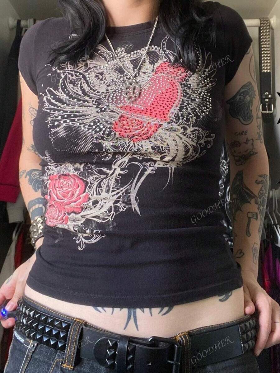 Camisetas de manga corta para mujer estilo e-girl con estampado gráfico de hadas grunge, camisetas básicas góticas, estética Y2K, ropa de calle