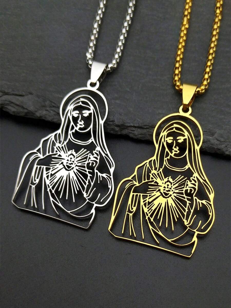 Collier pendentif Vierge Marie chrétien pour hommes en acier inoxydable de couleur or creux chaîne Notre-Dame de Guadalupe