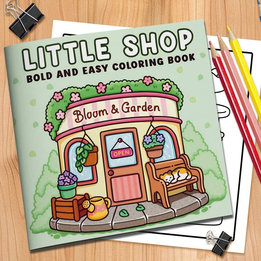 1pc Adult Coloring Book With Small Shops Theme (Original, 2025 New Edition, 7.9*7.9inch, 24 Pages, Single-Sided Printing), Beautiful Patterns, Clear Lines, Suitable As Valentine's Day, Birthday, Easter And Other Holiday Party Gifts, A Good Way To Relax