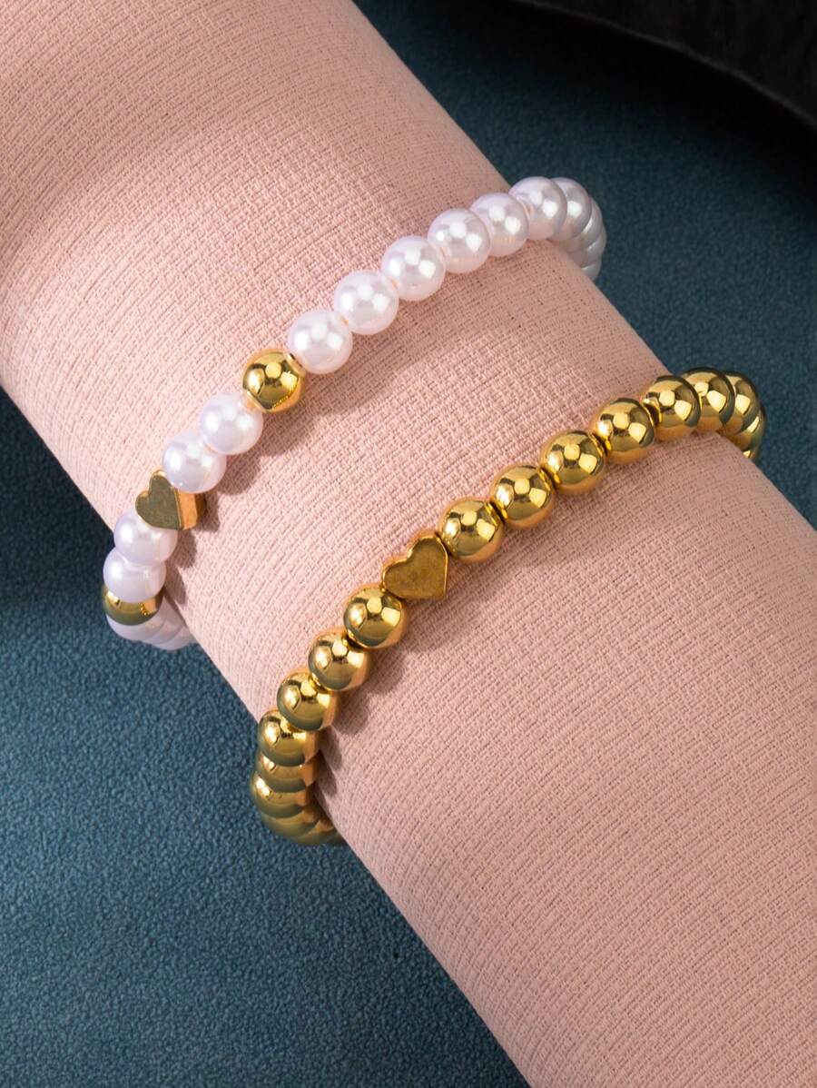 2pcs/Set Classic Contrast Color Resin Faux Pearl Anklet Set, Unique Heart Beaded Adjustable Anklet Chain, Mother's Day Gift, Everyday Wear