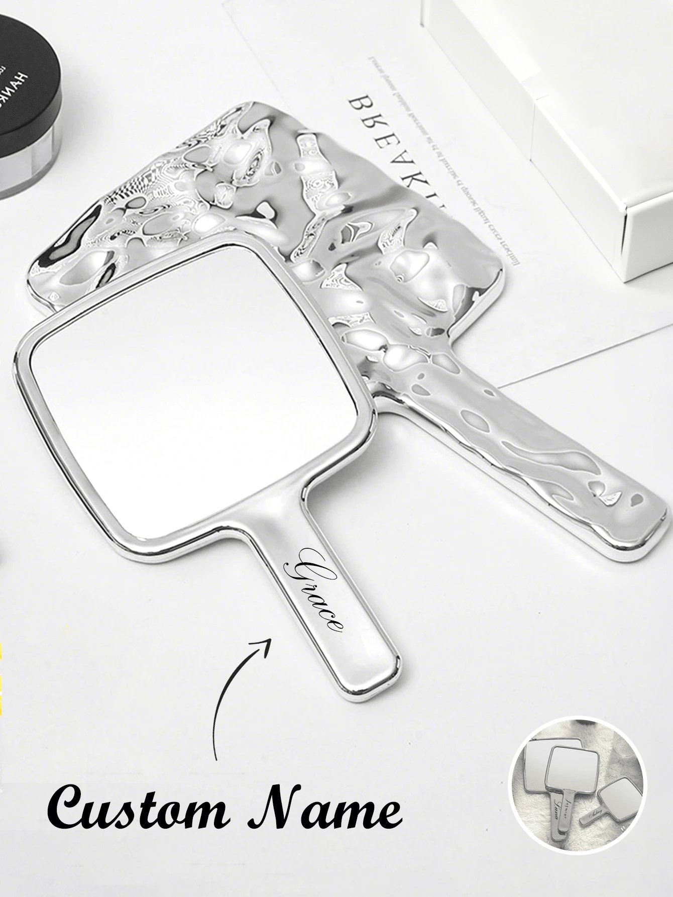 Personalized Wave-Shaped Vintage Handheld Makeup Mirror, Portable Square Mirror, Great Birthday Gift For Friends, Girlfriend, Family,Multi-Functional,Ornamental,Letter,Solid Color,Exquisite,Stylish,Vintage,Modern,Colorful,Leisure,Basics,Casual,Soft,Unique,Customized,Personalized,Custom,Ideal Gifts For Her,Girlfriend,Her,Boyfriend,Friends